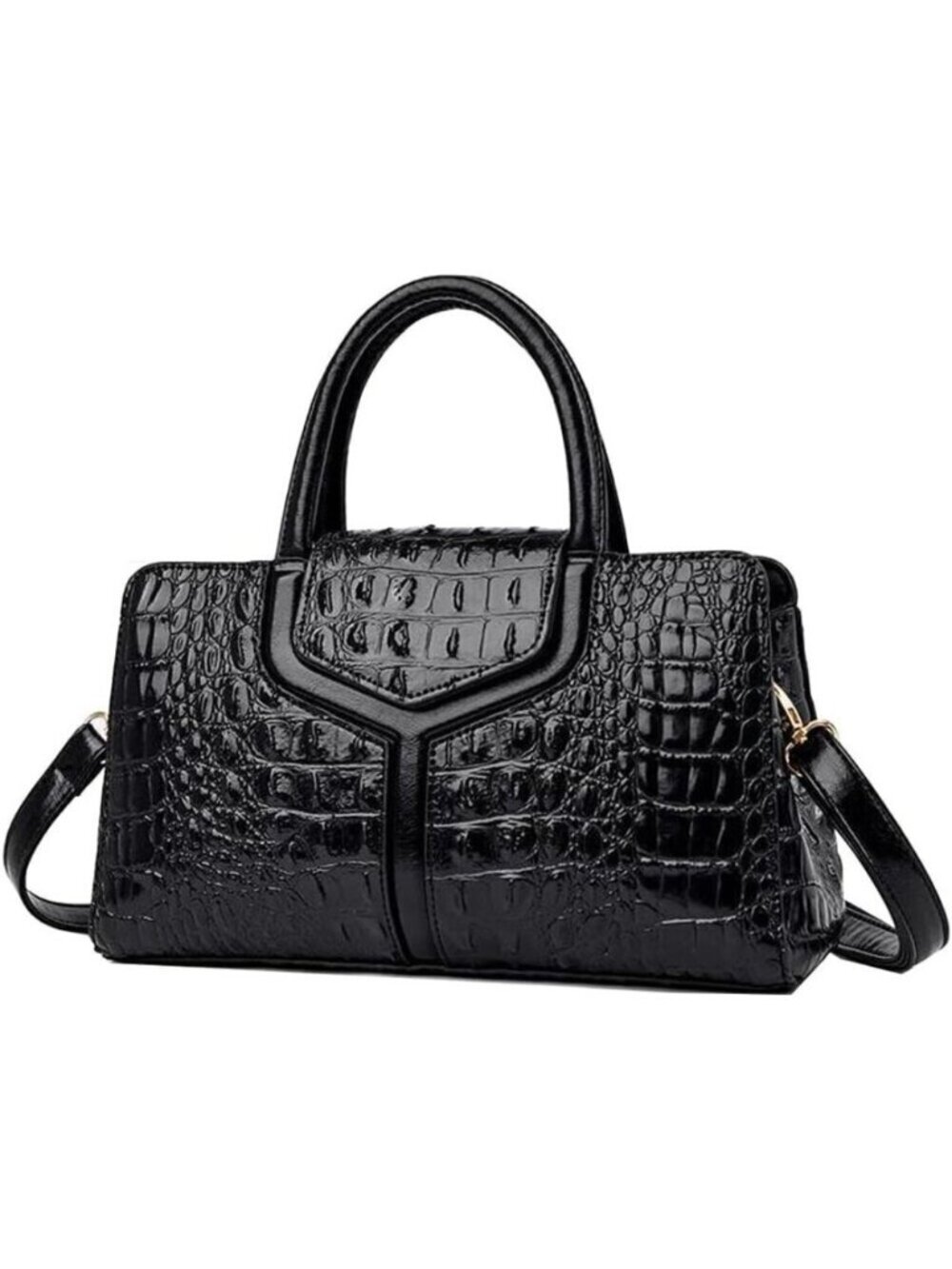 🆕Women's Black Handle Purse Crocodile Faux Leather Tote Zipper Shoulder Bag